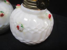 PR of Milkglass Oil Lamps w/applied Flowers
