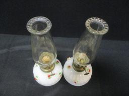 PR of Milkglass Oil Lamps w/applied Flowers