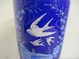 Cobalt Blue Footed Crystal Vase w/Birds