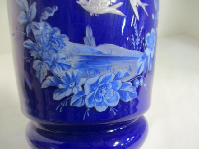 Cobalt Blue Footed Crystal Vase w/Birds