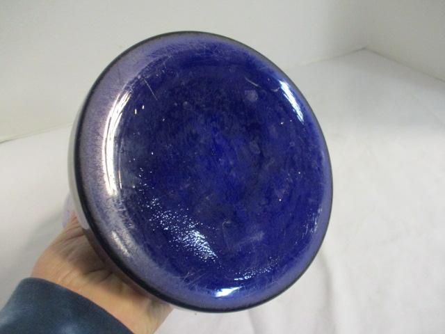 Cobalt Blue Footed Crystal Vase w/Birds