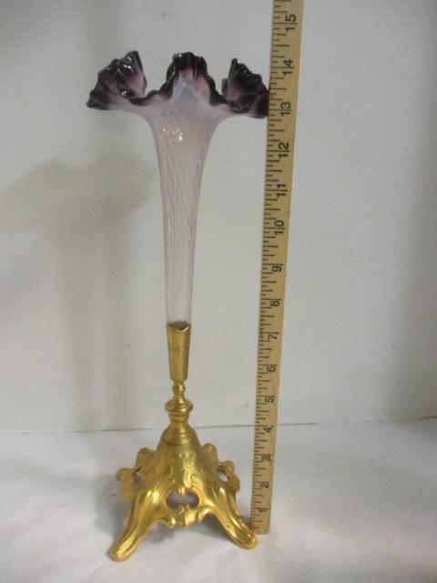 Glass & Gilt Bronze Epergne w/Feaathered Rim (14")