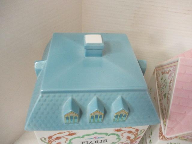 Lenox 1990 "The Village" Porcelain Canister Set - Flour, Sugar, Coffee, Tea