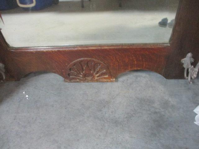 Antique Tiger Oak Beveled Foyer Mirror with Coat Hooks