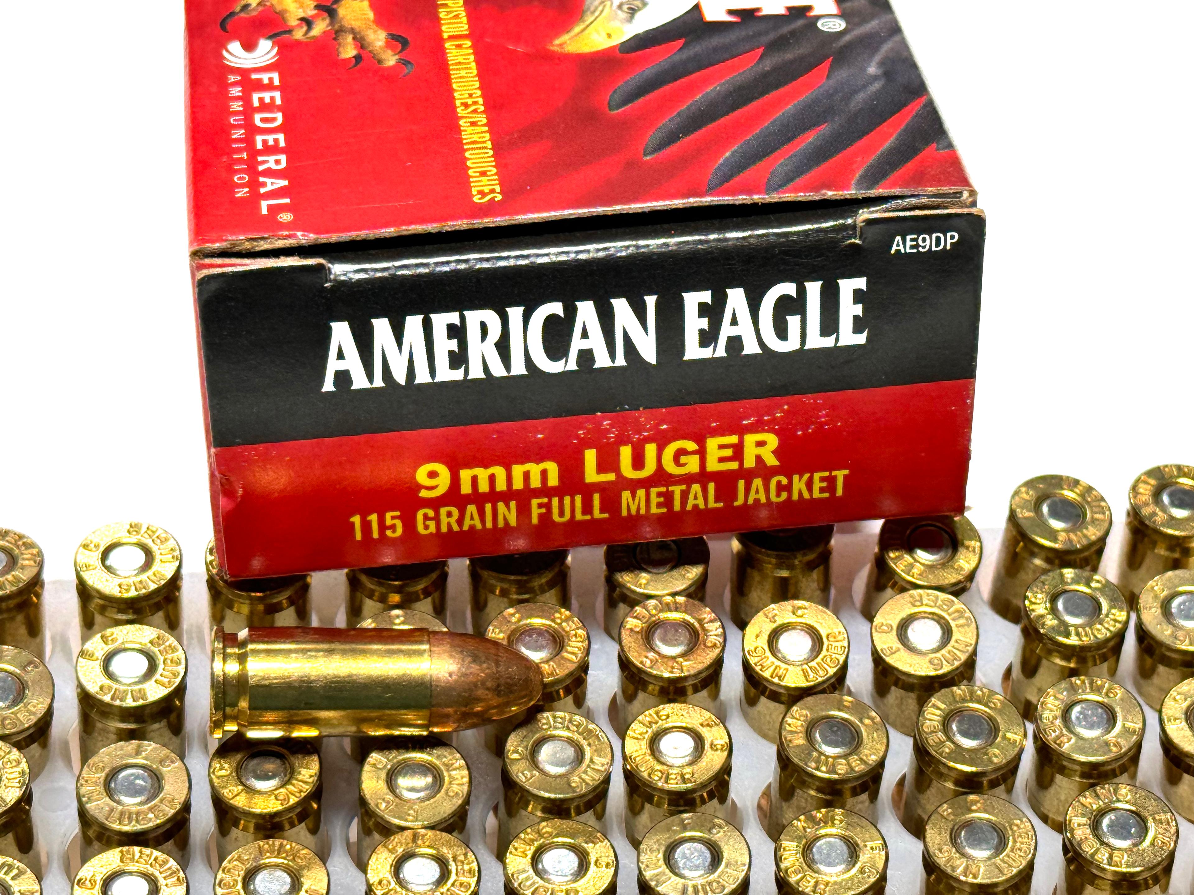 NIB 100rds. of 9mm LUGER 115gr. FMJ Federal American Eagle Ammunition 