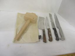 Lot of 4 Knives and Glacio Wood Ice Hammer with Bag