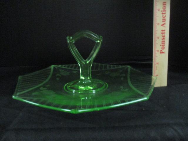 Etched Green Vaseline/Uranium Glass Serving Tray