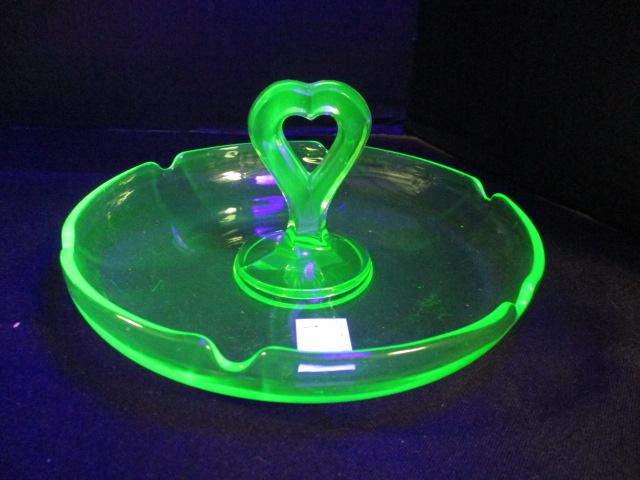 Green Vaseline Glass Handled Bonbon and Divided Dishes