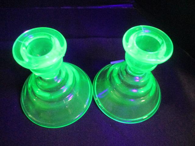 Pair of Green Vaseline/Uranium Glass Candle Holders