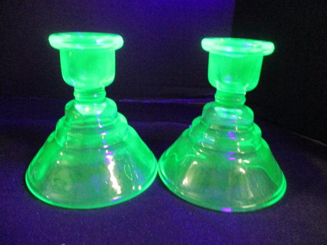 Pair of Green Vaseline/Uranium Glass Candle Holders