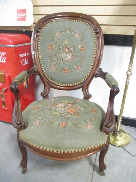 Carved Victorian Armchair with Needlepoint Seat/Back