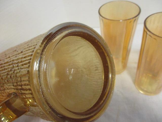 Vintage Marigold Carnival Glass Pitcher and 4 Glasses