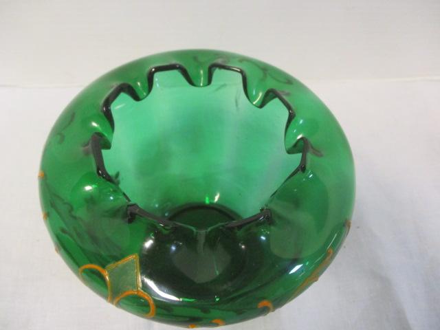 Green Hand-Painted Blown Glass Vase with Crimped Ruffled Edge