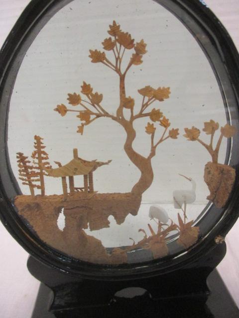 2 Vintage Chinese Cork Carving Diorama Oval Shadow Boxes
