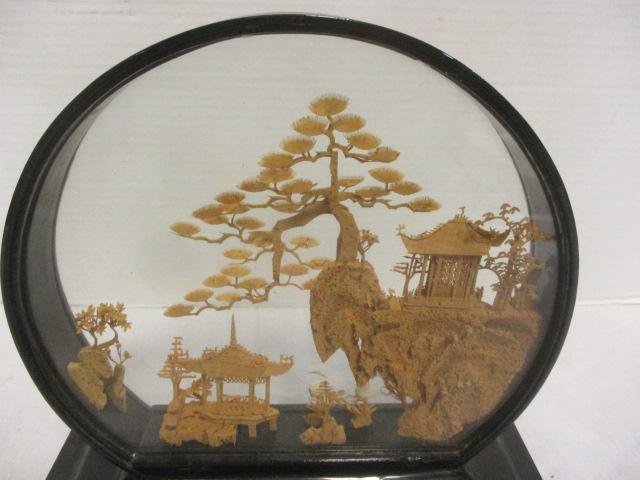 Large Vintage Chinese Cork Carving Diorama Round Shadow Box