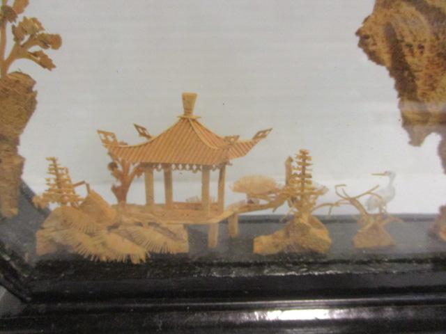 Large Vintage Chinese Cork Carving Diorama Round Shadow Box