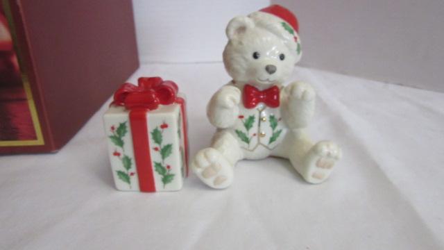 Lenox "Holiday" Candle Lamp, Teddy Bear/Present Shaker Set and Plush Bear