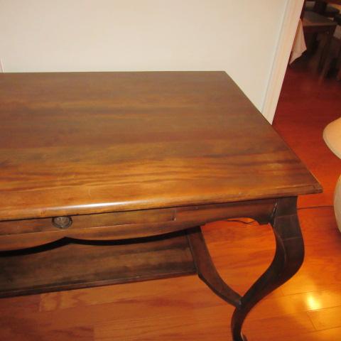 Dark Stained Solid Wood Table with Drawer and Central Chambrana Shelf