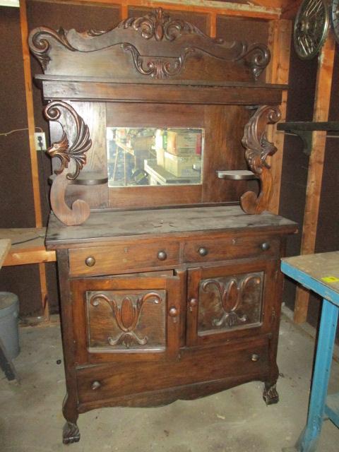 Antique Wood Carved Server with Hutch and Mirror