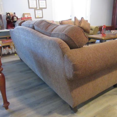 Havertys Upholstered Rolled Arm Sofa with Accent Pillows and Nail Head Accents