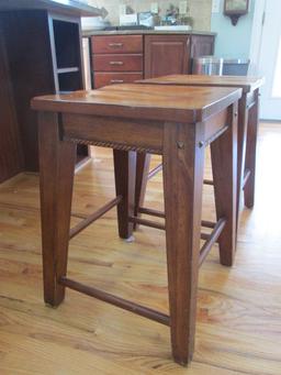 Pair of Wood Stools with Carved Spiral Accents