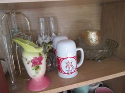 Cabinet Contents-Glassware, Serving Plate, Mugs, Travel Mugs, Bud Vase, Candle Holders, etc.