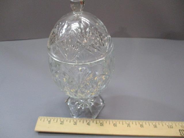 Vintage Cut Glass Egg Shaped Pedestal Candy Dish 9 1/2"