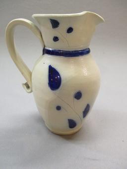 Salt Glazed Stoneware Pottery Cobalt Blue Leaf Pitcher