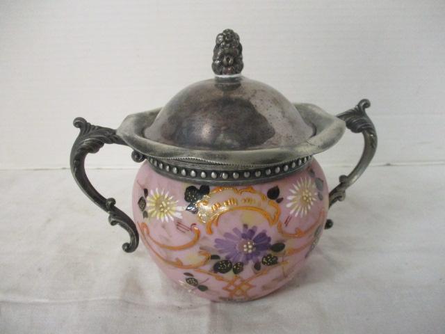 Victorian Period Opaline Glass Sugar Bowl w/Silverplate Lid & Handle