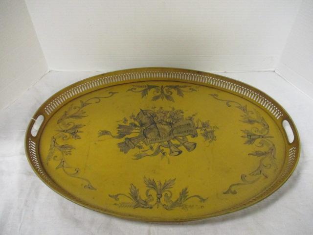 French Tole Large Antique Tray (mustard) w/Piercing on edges