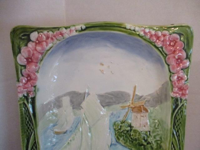 Majolica Windmill and Sailboat Relief Plate/Plaque