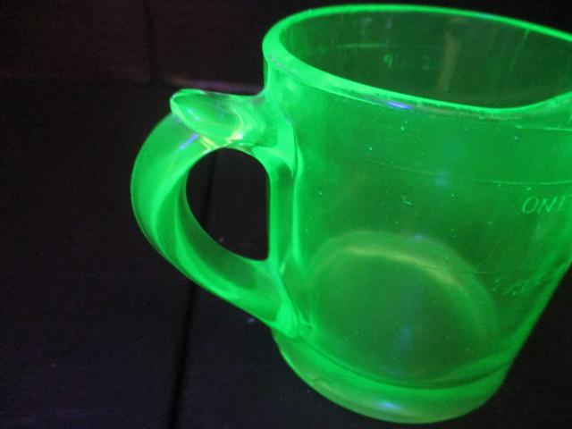 Green Uranium Glass Measuring Cup, Moonstone Juice Reamer, Jadeite