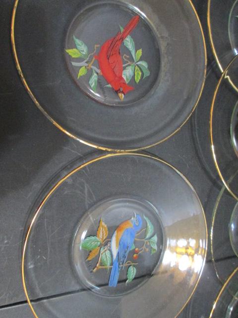 Bird Themed Clear Plates, Open Edge Milk Glass Plates and Soup Mugs