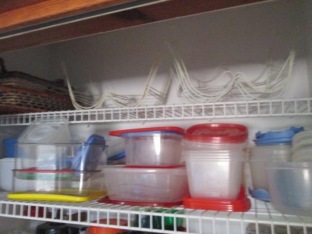 Contents of Pantry Closet-Glassware, Drinking Glasses, Plasticware, Wire Cabinet Storage