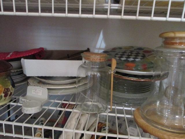 Contents of Pantry Closet-Glassware, Drinking Glasses, Plasticware, Wire Cabinet Storage