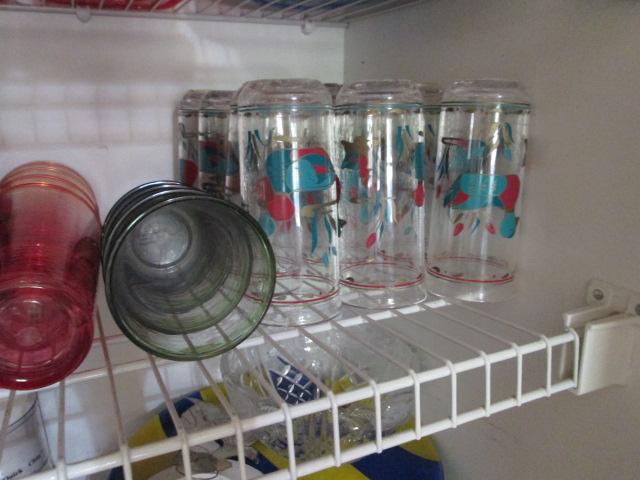 Contents of Pantry Closet-Glassware, Drinking Glasses, Plasticware, Wire Cabinet Storage