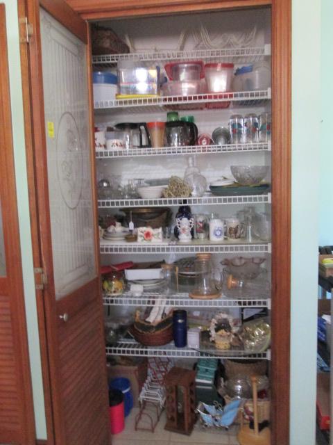 Contents of Pantry Closet-Glassware, Drinking Glasses, Plasticware, Wire Cabinet Storage