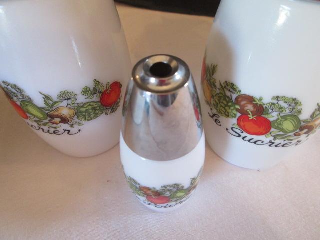 Corning Ware "Spice of Life" Sugar Shaker, Syrup Dispenser, Tooth Pick Holder,