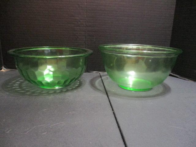 Two Vintage Green Uranium Glass Mixing Bowls