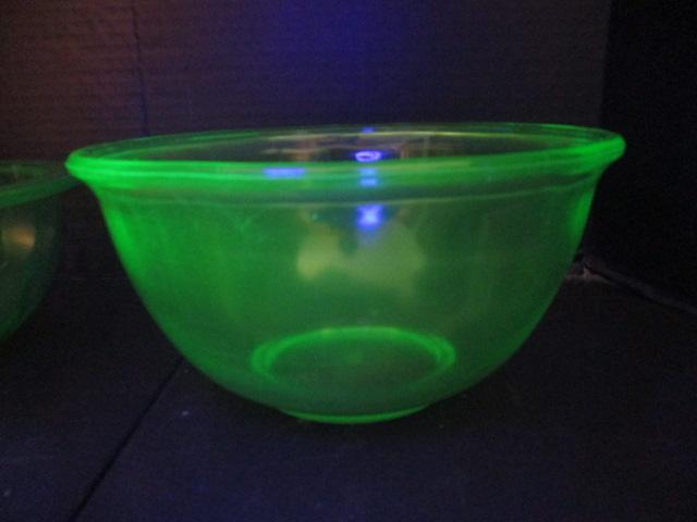 Two Vintage Green Uranium Glass Mixing Bowls