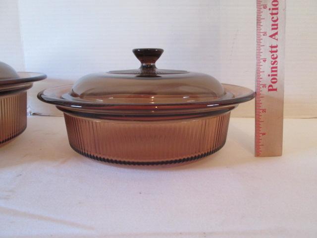 Three Round Amber Brown Vision Ware Lidded Casserole Dishes