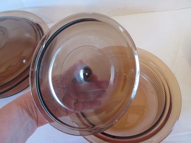 Three Round Amber Brown Vision Ware Lidded Casserole Dishes