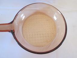 Three Amber Brown Vision Ware Waffle Bottom Skillets with Lids