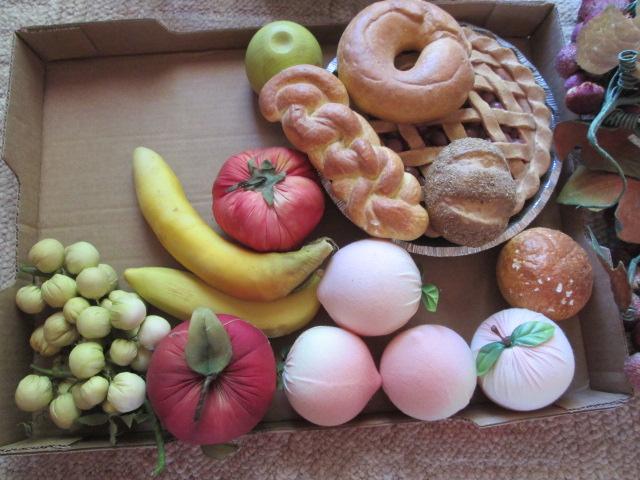 Assortment of Ceramic, Glass and Fabric Fruit, Faux Display Cake and Pie