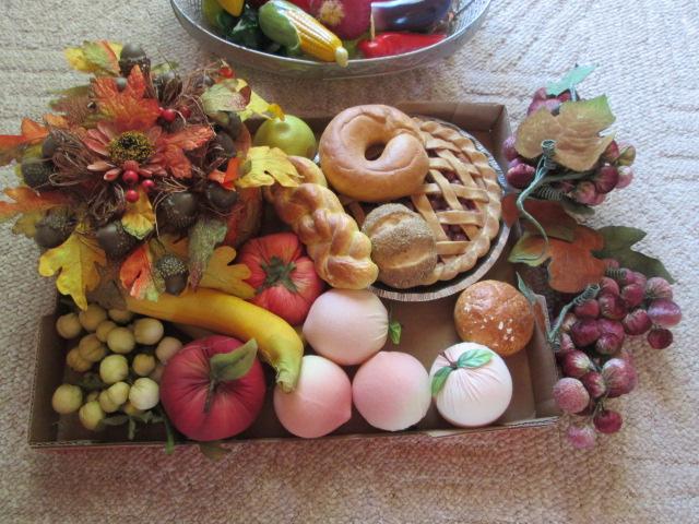 Assortment of Ceramic, Glass and Fabric Fruit, Faux Display Cake and Pie
