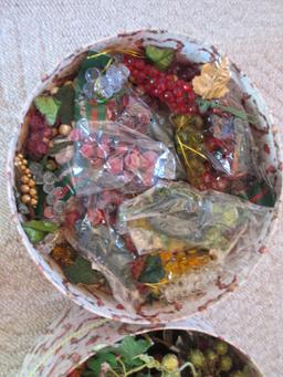 Two Round Decorative Hat Boxes FULL of Various Style Artificial Grape Clusters