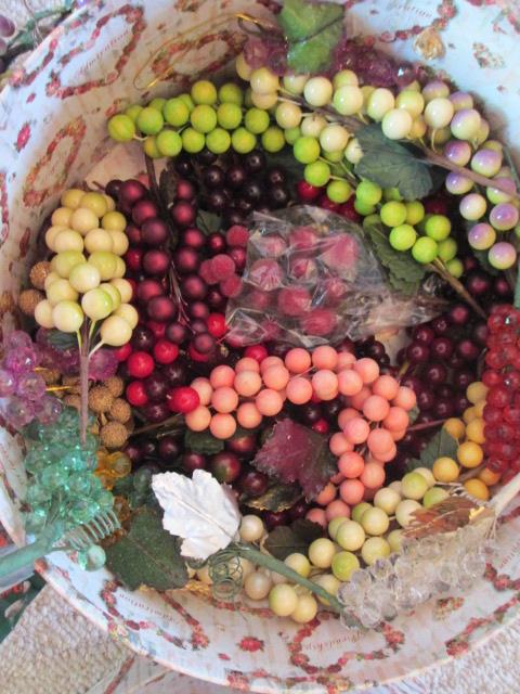 Two Round Decorative Hat Boxes FULL of Various Style Artificial Grape Clusters