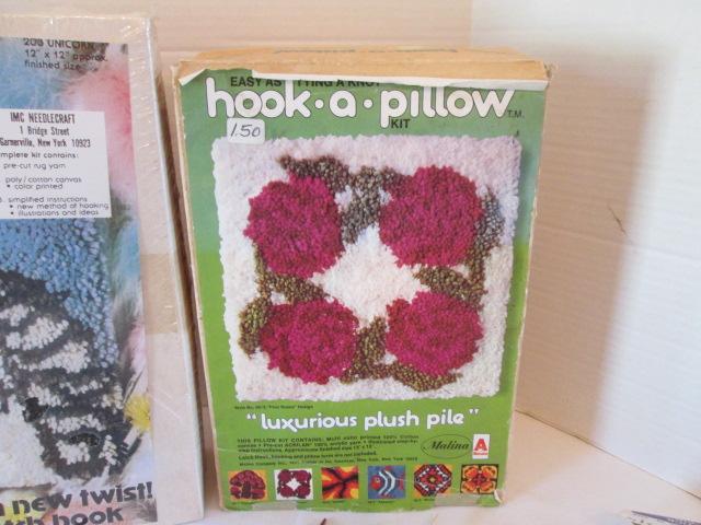 Three New Old Stock Hook-a-Pillow Kits, Knitting Needles and Crocheting Hooks