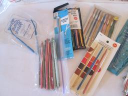 Three New Old Stock Hook-a-Pillow Kits, Knitting Needles and Crocheting Hooks