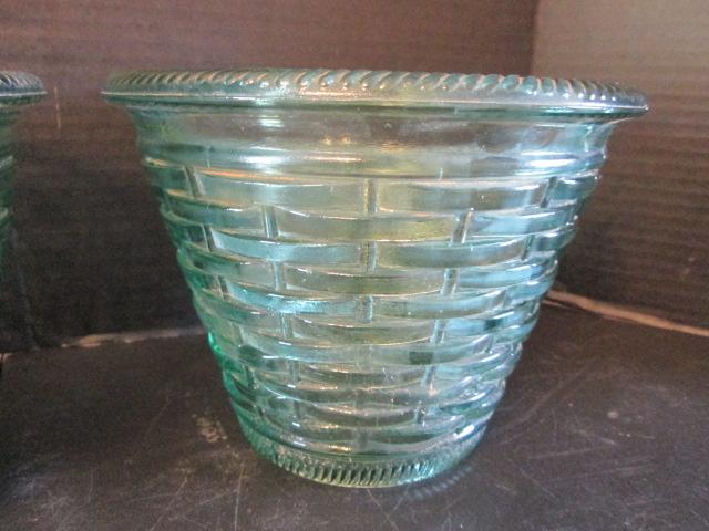 Pair of Vintage Green Glass Basket Weave Design Flower Pots